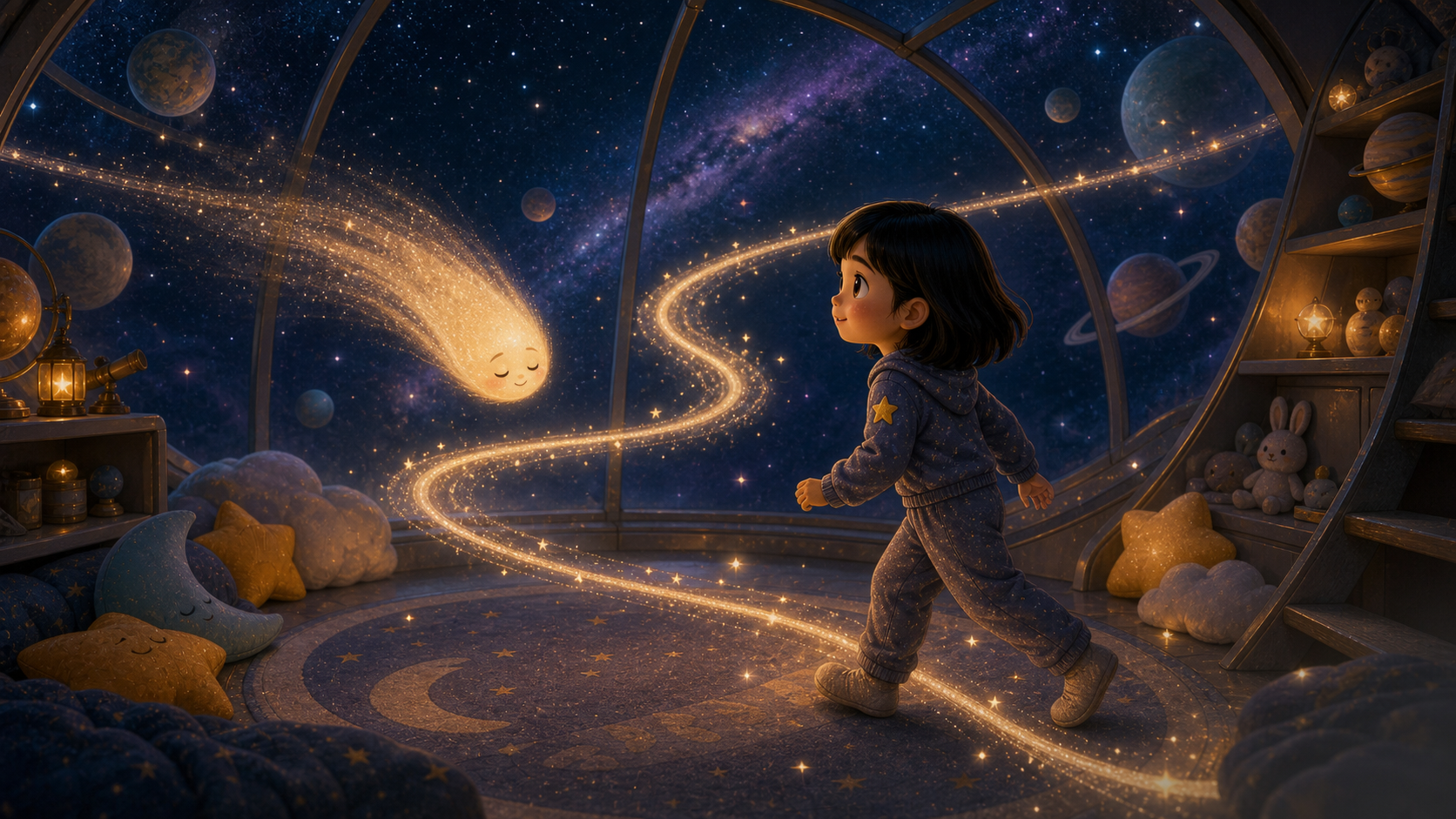 Sora follows a glowing orbit ribbon through the nursery dome.