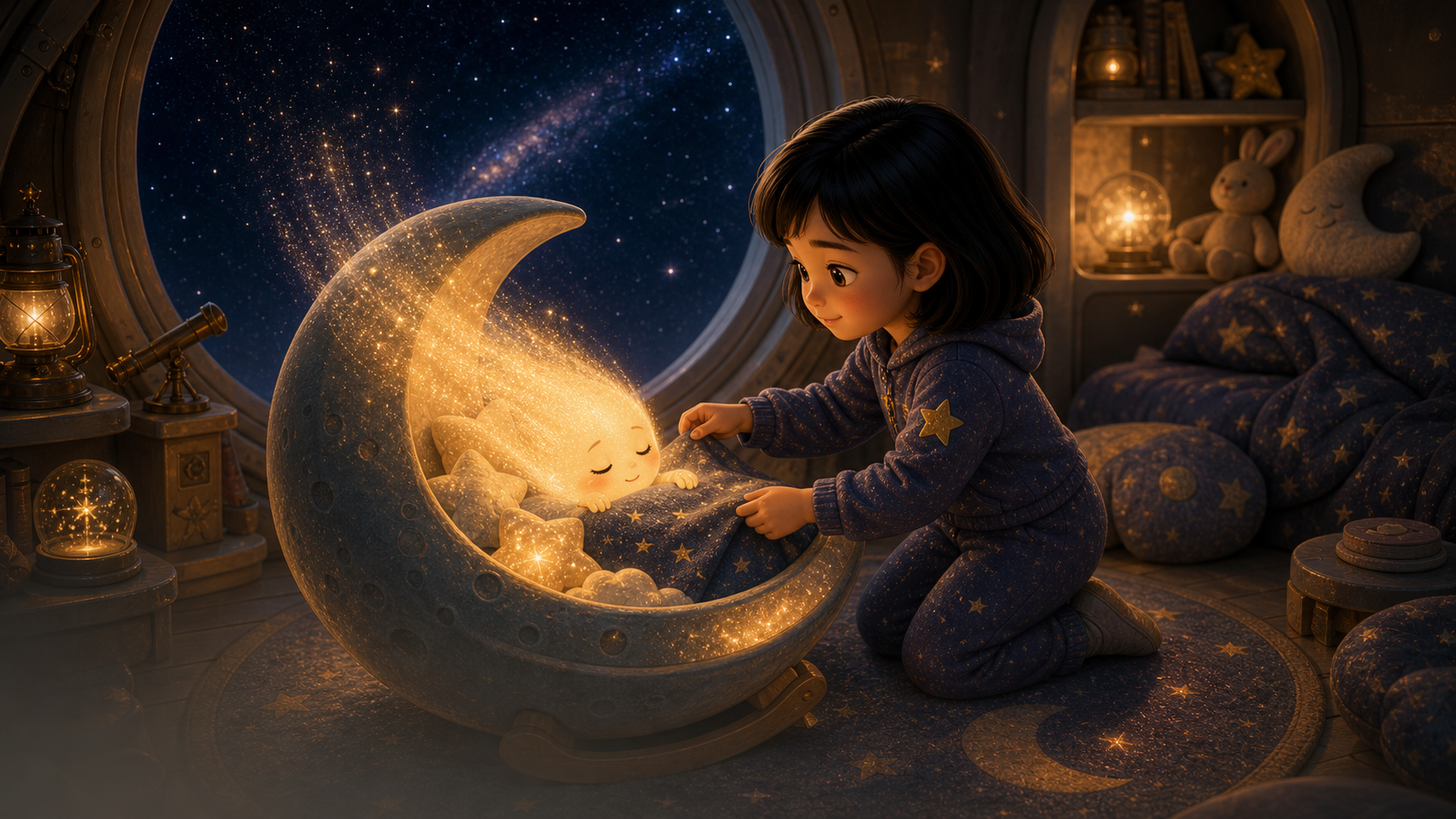 Sora tucks the sleepy comet into a moon-shaped cradle.