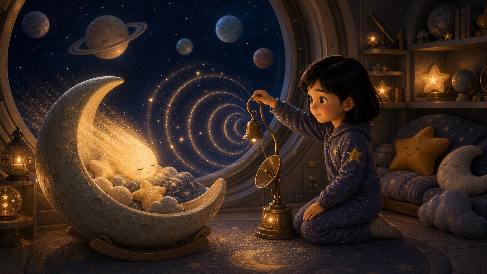 Sora rings a soft satellite bell beside the moon cradle.