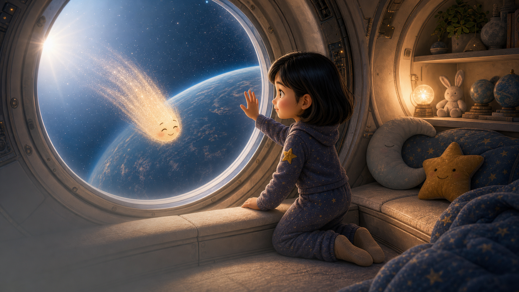 The comet waves goodbye from the glowing space station window.