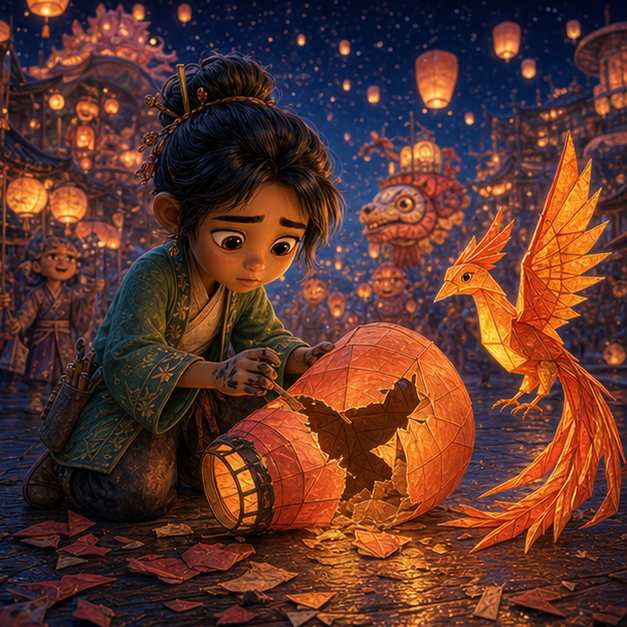 Kito, a kind child paper artist with amber skin, glossy black hair, a moss-green kimono jacket, and ink-smudged fingers; Asha, an origami phoenix glowing with sunset-orange paper feathers meeting for the first time in Paper Lantern Village, magical discovery, tender wonder, digital 3D illustration, whimsical fantasy, beautiful original characters, warm expressive faces, Pixar-like character style, rich colors, cinematic lighting with warm glow, deep indigo sky, thin glowing constellations, highly detailed textures, no text, no letters, no titles, zero borders, no white frames, no margins, no rounded corners, flush edge-to-edge grid