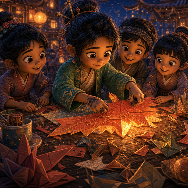 Kito, a kind child paper artist with amber skin, glossy black hair, a moss-green kimono jacket, and ink-smudged fingers; Asha, an origami phoenix glowing with sunset-orange paper feathers carrying fresh folds that turned the tear into wings through Paper Lantern Village, cooperative adventure, glowing clues, digital 3D illustration, whimsical fantasy, beautiful original characters, warm expressive faces, Pixar-like character style, rich colors, cinematic lighting with warm glow, deep indigo sky, thin glowing constellations, highly detailed textures, no text, no letters, no titles, zero borders, no white frames, no margins, no rounded corners, flush edge-to-edge grid