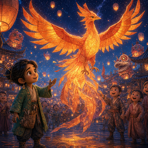 Kito, a kind child paper artist with amber skin, glossy black hair, a moss-green kimono jacket, and ink-smudged fingers; Asha, an origami phoenix glowing with sunset-orange paper feathers restoring harmony in Paper Lantern Village, joyful gentle celebration, shared light, digital 3D illustration, whimsical fantasy, beautiful original characters, warm expressive faces, Pixar-like character style, rich colors, cinematic lighting with warm glow, deep indigo sky, thin glowing constellations, highly detailed textures, no text, no letters, no titles, zero borders, no white frames, no margins, no rounded corners, flush edge-to-edge grid