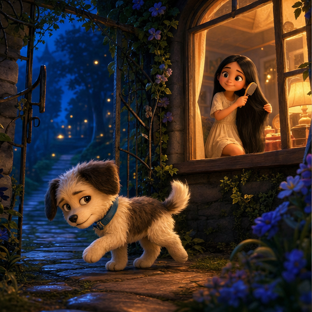 Lilia, a petite thin little girl with very long straight black hair, teal raincoat, cream dress and small boots; Neon, a small fluffy cream-and-charcoal puppy with a blue collar and one darker ear; magical forest, warm AmFoxy storybook style, digital 3D illustration, whimsical fantasy, Pixar-like character style, rich colors, octane render style, cinematic lighting, deep indigo night sky with glowing constellations, volumetric mist, highly detailed fabric and fur textures; chapter 1: Der Welpe, der allein leben wollte