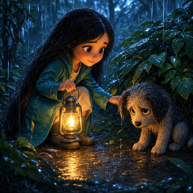Lilia, a petite thin little girl with very long straight black hair, teal raincoat, cream dress and small boots; Neon, a small fluffy cream-and-charcoal puppy with a blue collar and one darker ear; magical forest, warm AmFoxy storybook style, digital 3D illustration, whimsical fantasy, Pixar-like character style, rich colors, octane render style, cinematic lighting, deep indigo night sky with glowing constellations, volumetric mist, highly detailed fabric and fur textures; chapter 2: Eine Laterne im Regen