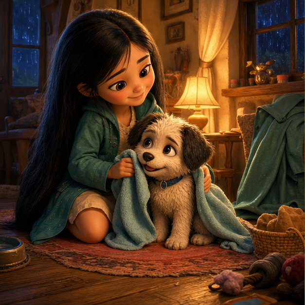 Lilia, a petite thin little girl with very long straight black hair, teal raincoat, cream dress and small boots; Neon, a small fluffy cream-and-charcoal puppy with a blue collar and one darker ear; magical forest, warm AmFoxy storybook style, digital 3D illustration, whimsical fantasy, Pixar-like character style, rich colors, octane render style, cinematic lighting, deep indigo night sky with glowing constellations, volumetric mist, highly detailed fabric and fur textures; chapter 3: Ein Zuhause, das vergibt