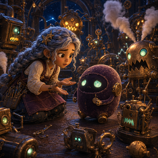 Luna, a gentle child inventor with porcelain-brown skin, long silver-blue braids, a plum work apron, and star buttons; Beebo, a round velvet-covered robot with brass ears and glowing mint eyes meeting for the first time in Midnight Workshop, magical discovery, tender wonder, digital 3D illustration, whimsical fantasy, beautiful original characters, warm expressive faces, Pixar-like character style, rich colors, cinematic lighting with warm glow, deep indigo sky, thin glowing constellations, highly detailed textures, no text, no letters, no titles, zero borders, no white frames, no margins, no rounded corners, flush edge-to-edge grid