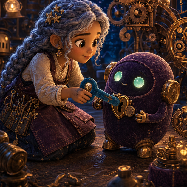 Luna, a gentle child inventor with porcelain-brown skin, long silver-blue braids, a plum work apron, and star buttons; Beebo, a round velvet-covered robot with brass ears and glowing mint eyes carrying a kindness key wrapped in blue velvet through Midnight Workshop, cooperative adventure, glowing clues, digital 3D illustration, whimsical fantasy, beautiful original characters, warm expressive faces, Pixar-like character style, rich colors, cinematic lighting with warm glow, deep indigo sky, thin glowing constellations, highly detailed textures, no text, no letters, no titles, zero borders, no white frames, no margins, no rounded corners, flush edge-to-edge grid