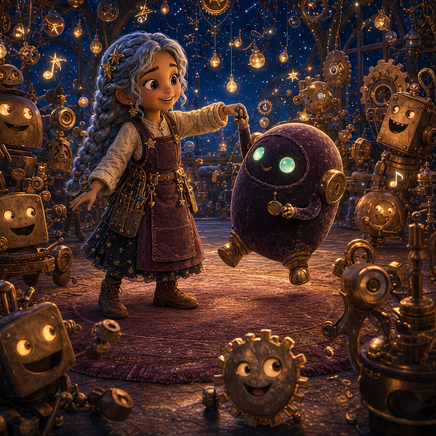 Luna, a gentle child inventor with porcelain-brown skin, long silver-blue braids, a plum work apron, and star buttons; Beebo, a round velvet-covered robot with brass ears and glowing mint eyes restoring harmony in Midnight Workshop, joyful gentle celebration, shared light, digital 3D illustration, whimsical fantasy, beautiful original characters, warm expressive faces, Pixar-like character style, rich colors, cinematic lighting with warm glow, deep indigo sky, thin glowing constellations, highly detailed textures, no text, no letters, no titles, zero borders, no white frames, no margins, no rounded corners, flush edge-to-edge grid