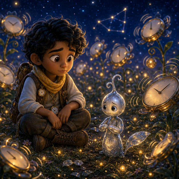 Milo, a calm child beekeeper with light brown skin, soft black curls, a butter-yellow scarf, and tiny clock charms; Nori, a silver sprout with two leaf-hands and a shy glowing face meeting for the first time in Clock Meadow, magical discovery, tender wonder, digital 3D illustration, whimsical fantasy, beautiful original characters, warm expressive faces, Pixar-like character style, rich colors, cinematic lighting with warm glow, deep indigo sky, thin glowing constellations, highly detailed textures, no text, no letters, no titles, zero borders, no white frames, no margins, no rounded corners, flush edge-to-edge grid