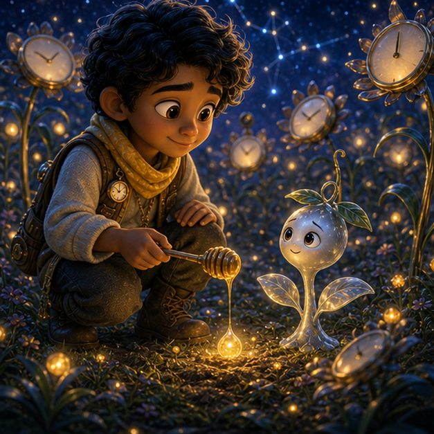 Milo, a calm child beekeeper with light brown skin, soft black curls, a butter-yellow scarf, and tiny clock charms; Nori, a silver sprout with two leaf-hands and a shy glowing face carrying a slow honey drop that taught the clocks to breathe through Clock Meadow, cooperative adventure, glowing clues, digital 3D illustration, whimsical fantasy, beautiful original characters, warm expressive faces, Pixar-like character style, rich colors, cinematic lighting with warm glow, deep indigo sky, thin glowing constellations, highly detailed textures, no text, no letters, no titles, zero borders, no white frames, no margins, no rounded corners, flush edge-to-edge grid