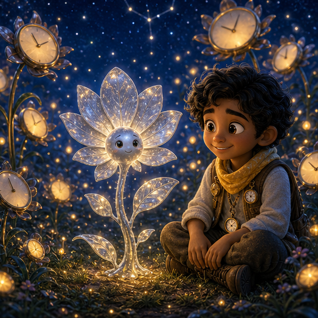 Milo, a calm child beekeeper with light brown skin, soft black curls, a butter-yellow scarf, and tiny clock charms; Nori, a silver sprout with two leaf-hands and a shy glowing face restoring harmony in Clock Meadow, joyful gentle celebration, shared light, digital 3D illustration, whimsical fantasy, beautiful original characters, warm expressive faces, Pixar-like character style, rich colors, cinematic lighting with warm glow, deep indigo sky, thin glowing constellations, highly detailed textures, no text, no letters, no titles, zero borders, no white frames, no margins, no rounded corners, flush edge-to-edge grid