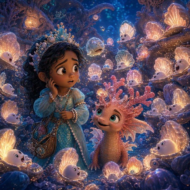 Mina, a thoughtful child diver with golden-brown skin, dark wavy hair, a turquoise shell crown, and pearl-trimmed fins; Saffi, a small coral dragon with rose-pink antlers and sea-glass eyes meeting for the first time in Coral Library, magical discovery, tender wonder, digital 3D illustration, whimsical fantasy, beautiful original characters, warm expressive faces, Pixar-like character style, rich colors, cinematic lighting with warm glow, deep indigo sky, thin glowing constellations, highly detailed textures, no text, no letters, no titles, zero borders, no white frames, no margins, no rounded corners, flush edge-to-edge grid