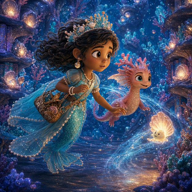 Mina, a thoughtful child diver with golden-brown skin, dark wavy hair, a turquoise shell crown, and pearl-trimmed fins; Saffi, a small coral dragon with rose-pink antlers and sea-glass eyes carrying a quiet current that carried one voice at a time through Coral Library, cooperative adventure, glowing clues, digital 3D illustration, whimsical fantasy, beautiful original characters, warm expressive faces, Pixar-like character style, rich colors, cinematic lighting with warm glow, deep indigo sky, thin glowing constellations, highly detailed textures, no text, no letters, no titles, zero borders, no white frames, no margins, no rounded corners, flush edge-to-edge grid