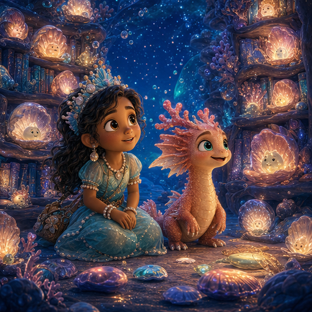 Mina, a thoughtful child diver with golden-brown skin, dark wavy hair, a turquoise shell crown, and pearl-trimmed fins; Saffi, a small coral dragon with rose-pink antlers and sea-glass eyes restoring harmony in Coral Library, joyful gentle celebration, shared light, digital 3D illustration, whimsical fantasy, beautiful original characters, warm expressive faces, Pixar-like character style, rich colors, cinematic lighting with warm glow, deep indigo sky, thin glowing constellations, highly detailed textures, no text, no letters, no titles, zero borders, no white frames, no margins, no rounded corners, flush edge-to-edge grid