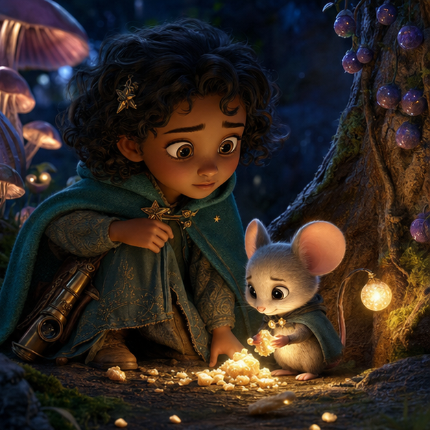 Mira, a child stargazer with warm brown skin, short curly black hair, a teal wool cape, brass star pins, and a telescope satchel, discovering Nib, a tiny silver moon-mouse with a glowing lantern tail, guarding crumbs of moonlight near mushroom roots in the Magic Forest, digital 3D illustration, whimsical fantasy, Pixar-like character style, rich colors, octane render style, cinematic lighting with warm glow, deep indigo sky, thin glowing constellations, volumetric fog, highly detailed textures, no text, no letters, no titles, zero borders, no white frames, no margins, no rounded corners, flush edge-to-edge grid