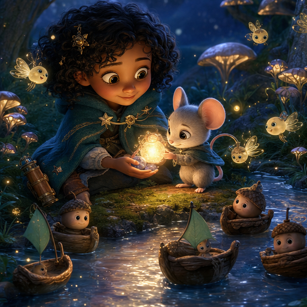 Mira and Nib sharing the lantern glow with sleepy fireflies and lost acorn boats on a silver stream, same teal-caped child stargazer and silver moon-mouse with glowing lantern tail, Magic Forest at night with mushrooms, moss, moonberries, digital 3D illustration, whimsical fantasy, Pixar-like character style, rich colors, octane render style, cinematic lighting with warm glow, deep indigo sky, thin glowing constellations, volumetric fog, highly detailed textures, no text, no letters, no titles, zero borders, no white frames, no margins, no rounded corners, flush edge-to-edge grid