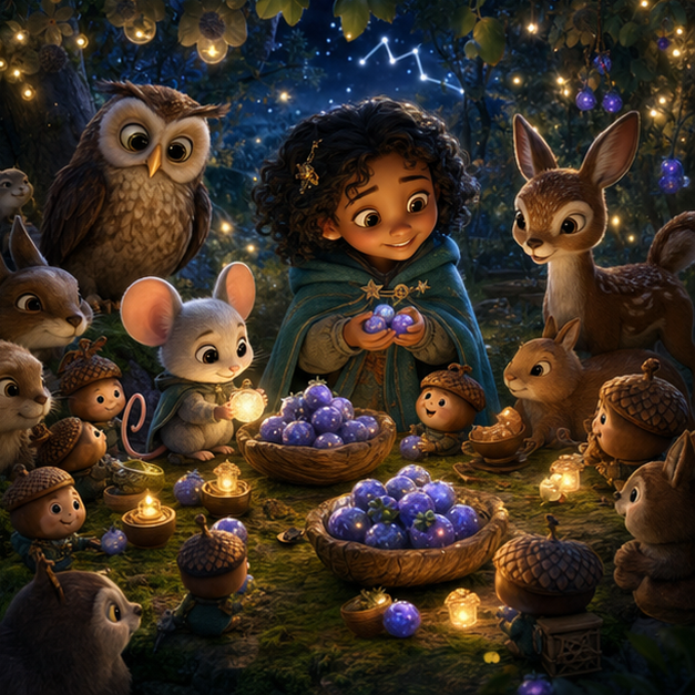 Warm Magic Forest celebration around a moss table where Mira, Nib, fireflies, acorn boat captains, rabbits, owls, and woodland creatures share glowing moonberries, same characters and palette, digital 3D illustration, whimsical fantasy, Pixar-like character style, rich colors, octane render style, cinematic lighting with warm glow, deep indigo sky, thin glowing constellations, volumetric fog, highly detailed textures, no text, no letters, no titles, zero borders, no white frames, no margins, no rounded corners, flush edge-to-edge grid