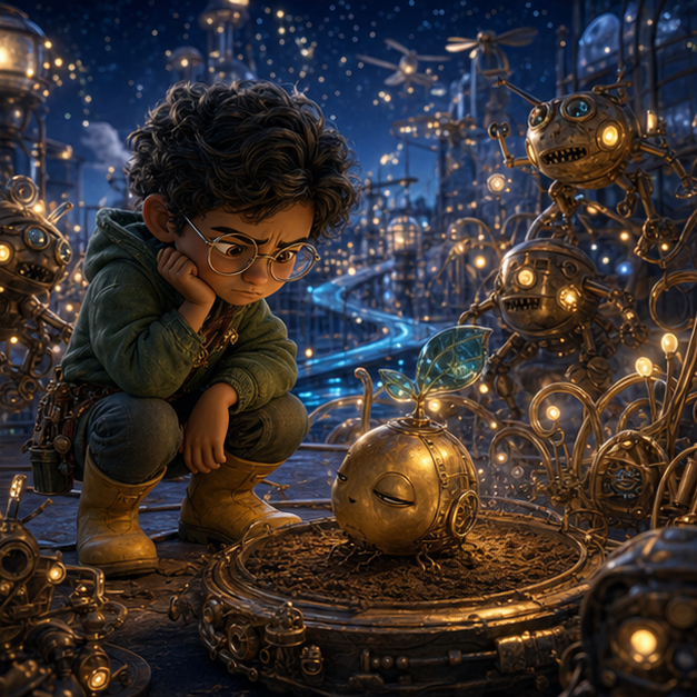 Niko, a quiet child gardener-inventor with silver glasses and moss-green hoodie, watching Sprocket, a sleepy brass seed with teal glass leaf, refuse to open in a Future City rooftop greenhouse, digital 3D illustration, whimsical fantasy, Pixar-like character style, rich colors, octane render style, cinematic lighting, deep indigo sky, glowing constellations, no text, no letters, no titles, zero borders, no white frames, no margins, no rounded corners, flush edge-to-edge grid