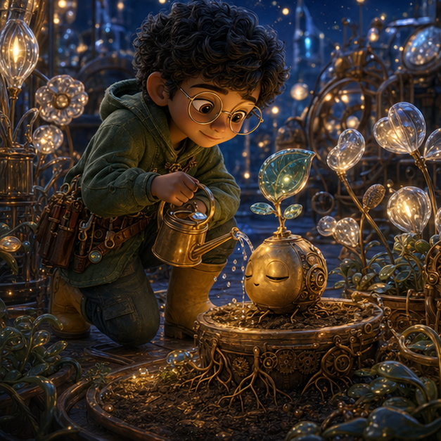 Niko watering Sprocket drop by drop in a quiet glass greenhouse while neighbors sit calmly among clockwork flowers, Future City glowing outside, digital 3D illustration, whimsical fantasy, Pixar-like character style, rich colors, octane render style, cinematic lighting, deep indigo sky, glowing constellations, no text, no letters, no titles, zero borders, no white frames, no margins, no rounded corners, flush edge-to-edge grid