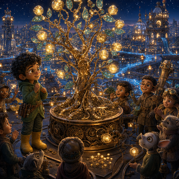 Sprocket blooming into a brass and glass tree lighting a Future City rooftop greenhouse while Niko and neighbors celebrate patience, digital 3D illustration, whimsical fantasy, Pixar-like character style, rich colors, octane render style, cinematic lighting, deep indigo sky, glowing constellations, no text, no letters, no titles, zero borders, no white frames, no margins, no rounded corners, flush edge-to-edge grid