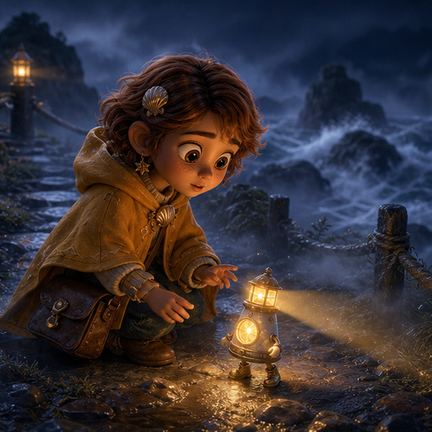Nova, a gentle child mapmaker with warm olive skin, short auburn hair, a saffron rain cape, and a shell compass; Lumo, a pocket-sized lighthouse spirit with a pearl window and tiny golden boots meeting for the first time in Misty Islands, magical discovery, tender wonder, digital 3D illustration, whimsical fantasy, beautiful original characters, warm expressive faces, Pixar-like character style, rich colors, cinematic lighting with warm glow, deep indigo sky, thin glowing constellations, highly detailed textures, no text, no letters, no titles, zero borders, no white frames, no margins, no rounded corners, flush edge-to-edge grid