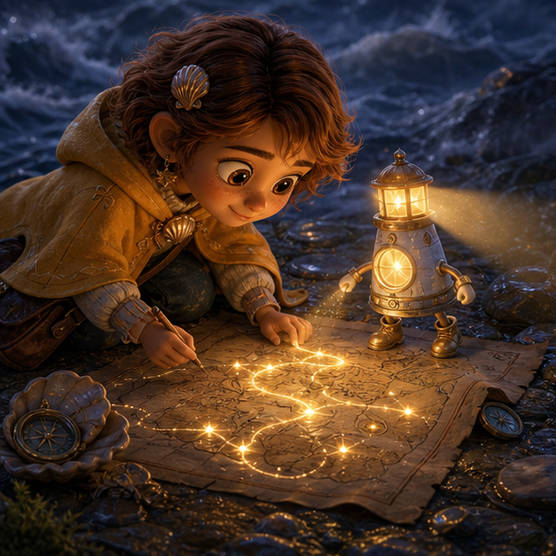 Nova, a gentle child mapmaker with warm olive skin, short auburn hair, a saffron rain cape, and a shell compass; Lumo, a pocket-sized lighthouse spirit with a pearl window and tiny golden boots carrying a map drawn with brave little sparks through Misty Islands, cooperative adventure, glowing clues, digital 3D illustration, whimsical fantasy, beautiful original characters, warm expressive faces, Pixar-like character style, rich colors, cinematic lighting with warm glow, deep indigo sky, thin glowing constellations, highly detailed textures, no text, no letters, no titles, zero borders, no white frames, no margins, no rounded corners, flush edge-to-edge grid