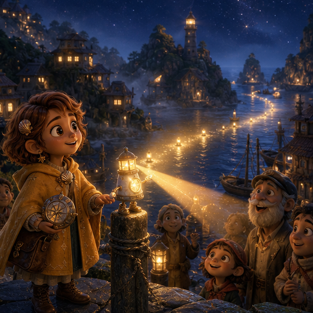 Nova, a gentle child mapmaker with warm olive skin, short auburn hair, a saffron rain cape, and a shell compass; Lumo, a pocket-sized lighthouse spirit with a pearl window and tiny golden boots restoring harmony in Misty Islands, joyful gentle celebration, shared light, digital 3D illustration, whimsical fantasy, beautiful original characters, warm expressive faces, Pixar-like character style, rich colors, cinematic lighting with warm glow, deep indigo sky, thin glowing constellations, highly detailed textures, no text, no letters, no titles, zero borders, no white frames, no margins, no rounded corners, flush edge-to-edge grid