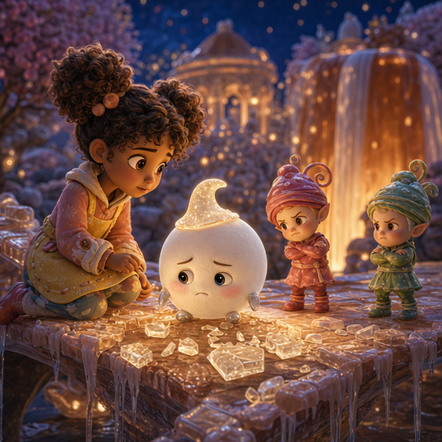 Pippa, a kind child confectioner in lemon-yellow apron and strawberry-red boots, finding Momo, a round marshmallow moon creature, beside a cracked sugar-glass bridge in Sweet Kingdom, digital 3D illustration, whimsical fantasy, Pixar-like character style, rich colors, octane render style, cinematic lighting, deep indigo sky, glowing constellations, no text, no letters, no titles, zero borders, no white frames, no margins, no rounded corners, flush edge-to-edge grid