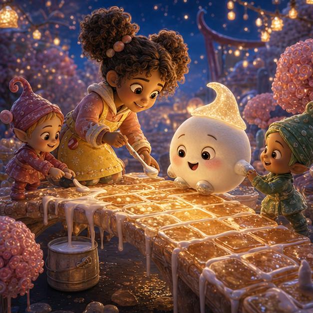 Pippa helping two candy sprites apologize and repair a sugar-glass bridge together with shared icing while Momo watches, Sweet Kingdom candy orchards, digital 3D illustration, whimsical fantasy, Pixar-like character style, rich colors, octane render style, cinematic lighting, deep indigo sky, glowing constellations, no text, no letters, no titles, zero borders, no white frames, no margins, no rounded corners, flush edge-to-edge grid