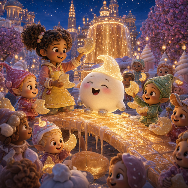 Sweet Kingdom celebration on a repaired sugar-glass bridge with Pippa, Momo, candy sprites, moon cakes, caramel river, silver icing seams glowing warmly, digital 3D illustration, whimsical fantasy, Pixar-like character style, rich colors, octane render style, cinematic lighting, deep indigo sky, glowing constellations, no text, no letters, no titles, zero borders, no white frames, no margins, no rounded corners, flush edge-to-edge grid