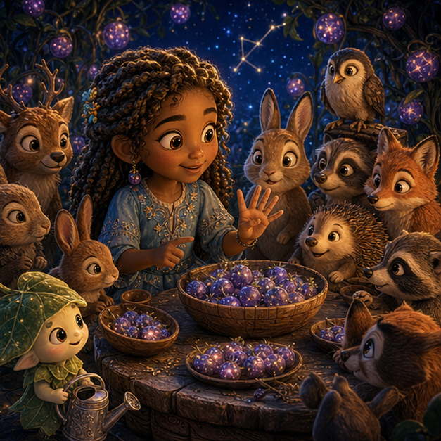 Rhea, a sunny child gardener with deep umber skin, honey-gold twists, a sky-blue dress, and berry-shaped earrings; Pip, a tiny moon-sprite wearing a leaf hat and carrying a silver watering can meeting for the first time in Starberry Garden, magical discovery, tender wonder, digital 3D illustration, whimsical fantasy, beautiful original characters, warm expressive faces, Pixar-like character style, rich colors, cinematic lighting with warm glow, deep indigo sky, thin glowing constellations, highly detailed textures, no text, no letters, no titles, zero borders, no white frames, no margins, no rounded corners, flush edge-to-edge grid