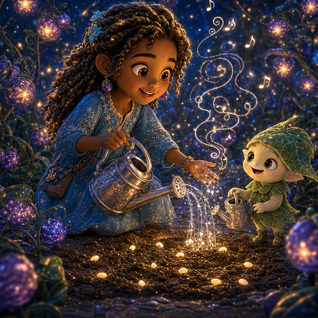 Rhea, a sunny child gardener with deep umber skin, honey-gold twists, a sky-blue dress, and berry-shaped earrings; Pip, a tiny moon-sprite wearing a leaf hat and carrying a silver watering can carrying a silver watering song that made shared seeds glow through Starberry Garden, cooperative adventure, glowing clues, digital 3D illustration, whimsical fantasy, beautiful original characters, warm expressive faces, Pixar-like character style, rich colors, cinematic lighting with warm glow, deep indigo sky, thin glowing constellations, highly detailed textures, no text, no letters, no titles, zero borders, no white frames, no margins, no rounded corners, flush edge-to-edge grid