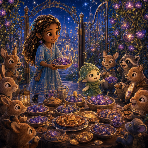 Rhea, a sunny child gardener with deep umber skin, honey-gold twists, a sky-blue dress, and berry-shaped earrings; Pip, a tiny moon-sprite wearing a leaf hat and carrying a silver watering can restoring harmony in Starberry Garden, joyful gentle celebration, shared light, digital 3D illustration, whimsical fantasy, beautiful original characters, warm expressive faces, Pixar-like character style, rich colors, cinematic lighting with warm glow, deep indigo sky, thin glowing constellations, highly detailed textures, no text, no letters, no titles, zero borders, no white frames, no margins, no rounded corners, flush edge-to-edge grid