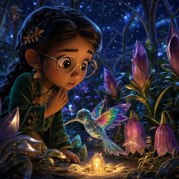Sana, a graceful child botanist with cinnamon skin, black braids, a jade velvet coat, copper flower pins, and round amber glasses; Vivi, a tiny transparent glass hummingbird with rainbow wings meeting for the first time in Crystal Conservatory, magical discovery, tender wonder, digital 3D illustration, whimsical fantasy, beautiful original characters, warm expressive faces, Pixar-like character style, rich colors, cinematic lighting with warm glow, deep indigo sky, thin glowing constellations, highly detailed textures, no text, no letters, no titles, zero borders, no white frames, no margins, no rounded corners, flush edge-to-edge grid
