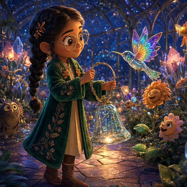 Sana, a graceful child botanist with cinnamon skin, black braids, a jade velvet coat, copper flower pins, and round amber glasses; Vivi, a tiny transparent glass hummingbird with rainbow wings carrying a soft bell made from dew through Crystal Conservatory, cooperative adventure, glowing clues, digital 3D illustration, whimsical fantasy, beautiful original characters, warm expressive faces, Pixar-like character style, rich colors, cinematic lighting with warm glow, deep indigo sky, thin glowing constellations, highly detailed textures, no text, no letters, no titles, zero borders, no white frames, no margins, no rounded corners, flush edge-to-edge grid