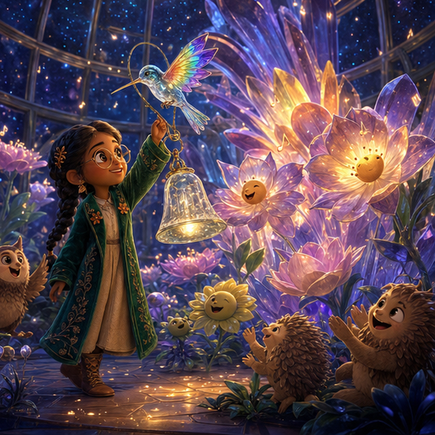 Sana, a graceful child botanist with cinnamon skin, black braids, a jade velvet coat, copper flower pins, and round amber glasses; Vivi, a tiny transparent glass hummingbird with rainbow wings restoring harmony in Crystal Conservatory, joyful gentle celebration, shared light, digital 3D illustration, whimsical fantasy, beautiful original characters, warm expressive faces, Pixar-like character style, rich colors, cinematic lighting with warm glow, deep indigo sky, thin glowing constellations, highly detailed textures, no text, no letters, no titles, zero borders, no white frames, no margins, no rounded corners, flush edge-to-edge grid