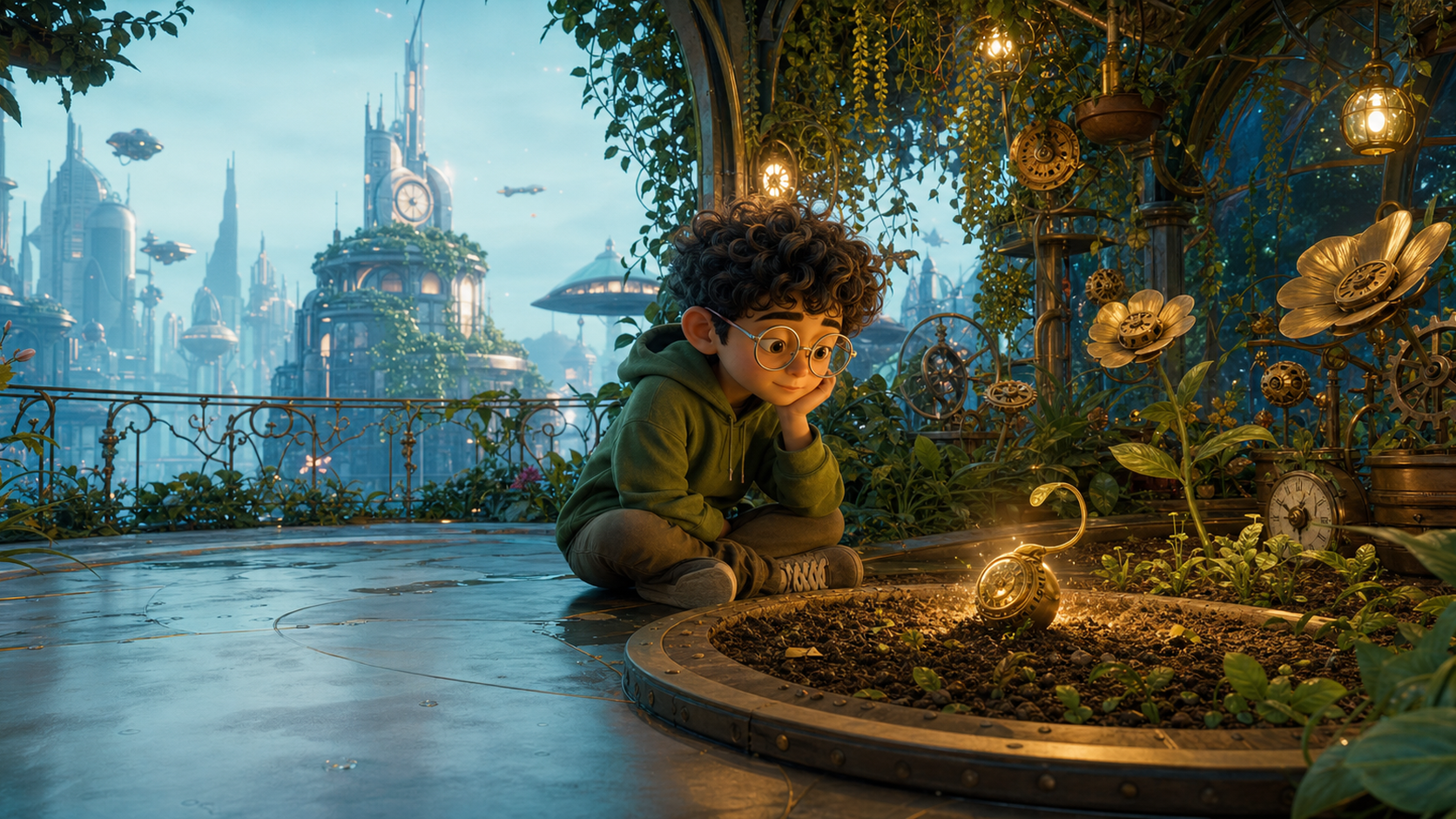 Niko pauses and listens to the greenhouse ticking softly.