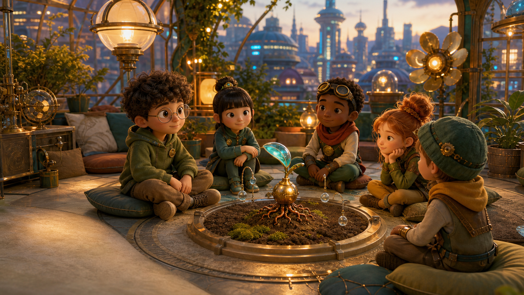 Friends sit quietly with Niko around the brass seed.