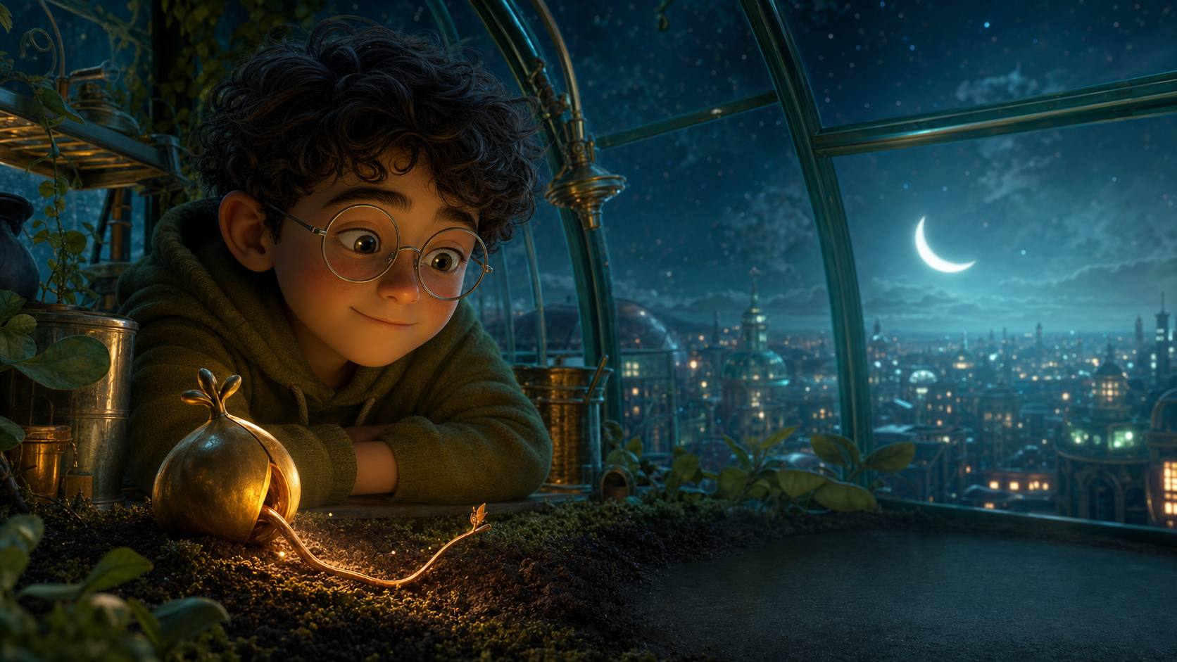 The brass seed opens one small copper root under moonlight.