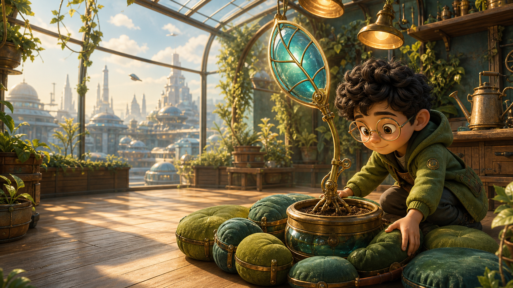 A brass and glass sprout grows inside the rooftop greenhouse.