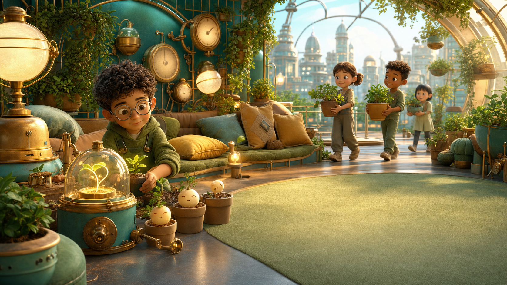 Niko builds a patient garden corner with cushions and slow clocks.