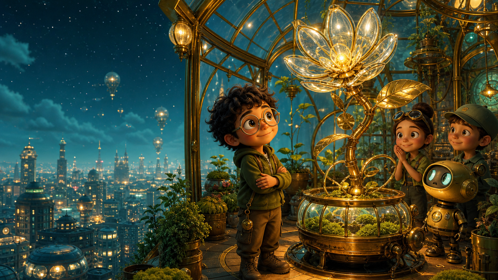 The rooftop greenhouse glows above the future city.