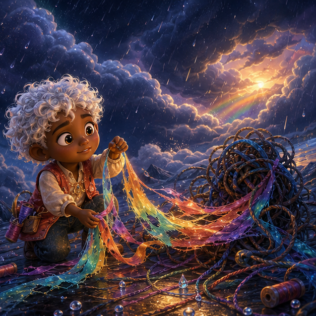 Tavi, a cheerful child tailor with deep brown skin, cloud-white curls, a coral vest, and pockets full of silk thread; Rill, a tall elegant rainbow mender with translucent sleeves and prism eyes meeting for the first time in Sky Loom, magical discovery, tender wonder, digital 3D illustration, whimsical fantasy, beautiful original characters, warm expressive faces, Pixar-like character style, rich colors, cinematic lighting with warm glow, deep indigo sky, thin glowing constellations, highly detailed textures, no text, no letters, no titles, zero borders, no white frames, no margins, no rounded corners, flush edge-to-edge grid
