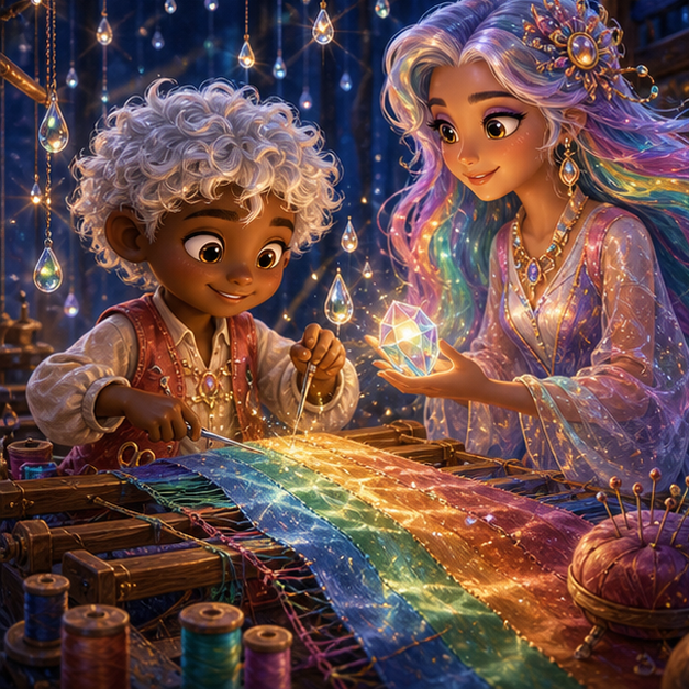 Tavi, a cheerful child tailor with deep brown skin, cloud-white curls, a coral vest, and pockets full of silk thread; Rill, a tall elegant rainbow mender with translucent sleeves and prism eyes carrying a needle threaded with laughter and rain through Sky Loom, cooperative adventure, glowing clues, digital 3D illustration, whimsical fantasy, beautiful original characters, warm expressive faces, Pixar-like character style, rich colors, cinematic lighting with warm glow, deep indigo sky, thin glowing constellations, highly detailed textures, no text, no letters, no titles, zero borders, no white frames, no margins, no rounded corners, flush edge-to-edge grid