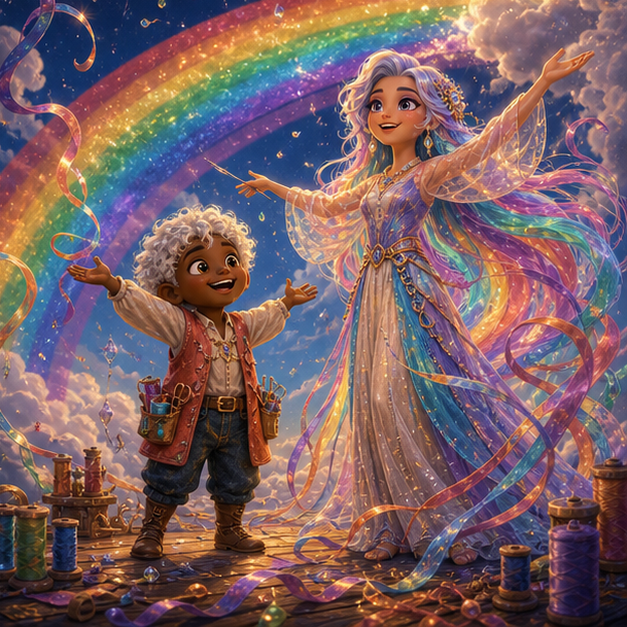 Tavi, a cheerful child tailor with deep brown skin, cloud-white curls, a coral vest, and pockets full of silk thread; Rill, a tall elegant rainbow mender with translucent sleeves and prism eyes restoring harmony in Sky Loom, joyful gentle celebration, shared light, digital 3D illustration, whimsical fantasy, beautiful original characters, warm expressive faces, Pixar-like character style, rich colors, cinematic lighting with warm glow, deep indigo sky, thin glowing constellations, highly detailed textures, no text, no letters, no titles, zero borders, no white frames, no margins, no rounded corners, flush edge-to-edge grid