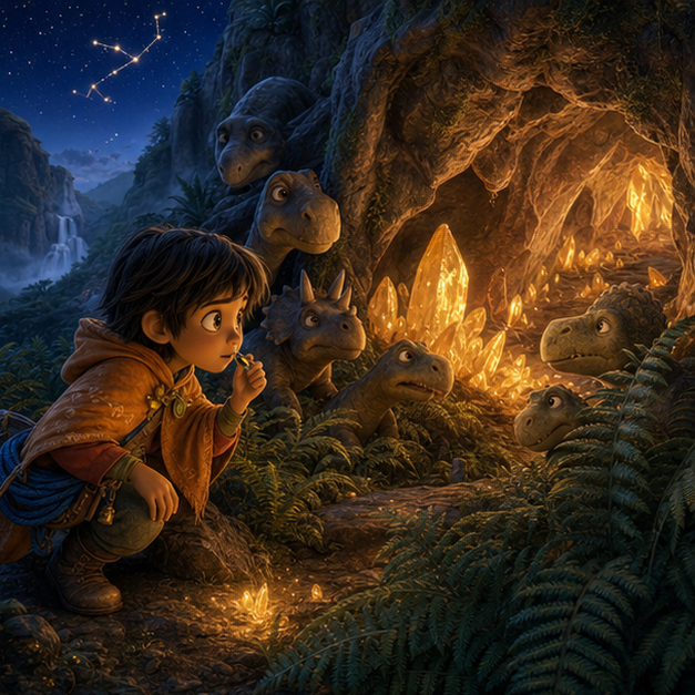 Toma, a small child explorer in an orange rain poncho with a wooden whistle, finding Lurra, a gentle dinosaur with glowing ferns on its back, near amber caves in Dinosaur Valley, digital 3D illustration, whimsical fantasy, Pixar-like character style, rich colors, octane render style, cinematic lighting, deep indigo sky, glowing constellations, no text, no letters, no titles, zero borders, no white frames, no margins, no rounded corners, flush edge-to-edge grid