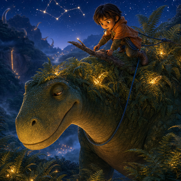 Toma climbing a safe vine path on Lurra's fern-covered back, using a tiny wooden whistle while small dinosaurs hum below, Dinosaur Valley amber glow, digital 3D illustration, whimsical fantasy, Pixar-like character style, rich colors, octane render style, cinematic lighting, deep indigo sky, glowing constellations, no text, no letters, no titles, zero borders, no white frames, no margins, no rounded corners, flush edge-to-edge grid
