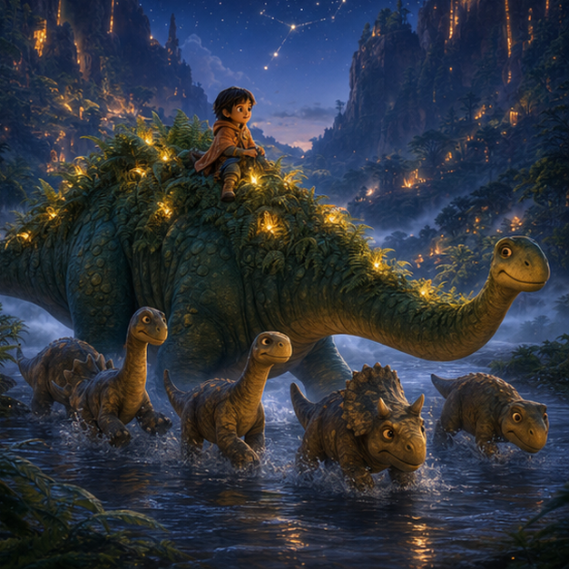 Lurra guiding little dinosaurs across a misty river with Toma riding safely on the glowing fern-back, amber light filling Dinosaur Valley, digital 3D illustration, whimsical fantasy, Pixar-like character style, rich colors, octane render style, cinematic lighting, deep indigo sky, glowing constellations, no text, no letters, no titles, zero borders, no white frames, no margins, no rounded corners, flush edge-to-edge grid