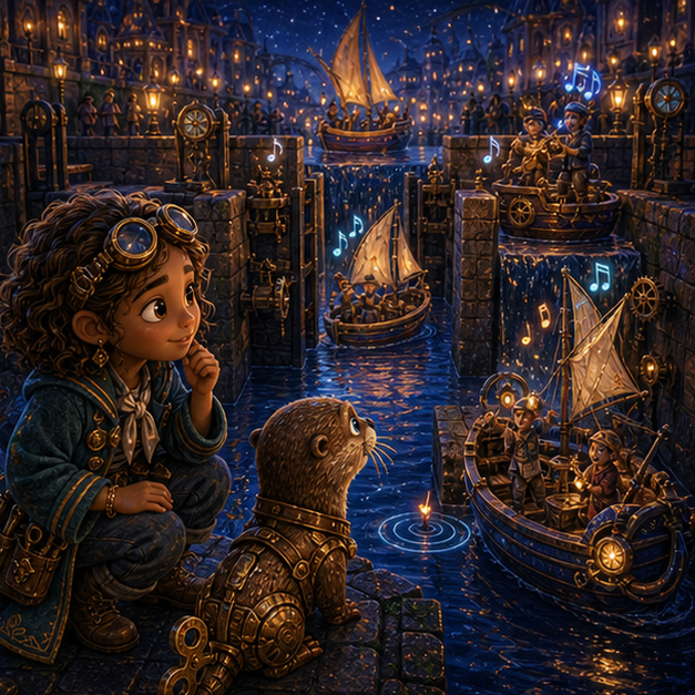 Zara, a clever child boat builder with bronze skin, curly chestnut hair, a teal sailor coat, and brass goggles; Tock, a charming clockwork otter with copper paws, sapphire eyes, and a wind-up tail meeting for the first time in Canal City, magical discovery, tender wonder, digital 3D illustration, whimsical fantasy, beautiful original characters, warm expressive faces, Pixar-like character style, rich colors, cinematic lighting with warm glow, deep indigo sky, thin glowing constellations, highly detailed textures, no text, no letters, no titles, zero borders, no white frames, no margins, no rounded corners, flush edge-to-edge grid